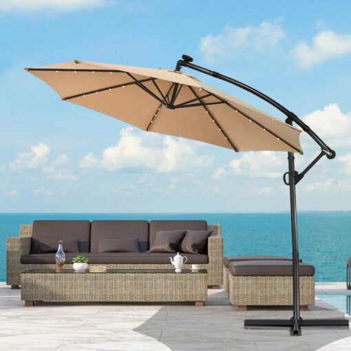 Buy 10 Feet 360° Rotation Solar Powered LED Patio Offset Umbrella Without Weight Base Outdoor Umbrellas online shopping cheap