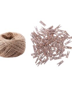 100 Pcs/Set 25Mm Mini Wooden Clip Natural Craft Pin Line Photo Baby & 1 Roll 100 Meter Natural Textured Hessian Jute Twine Strin