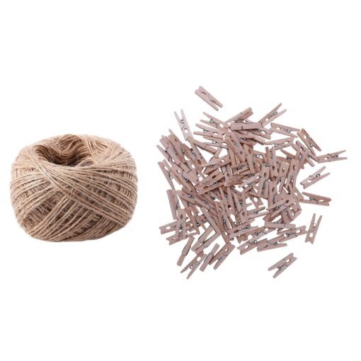 Buy 100 Pcs/Set 25Mm Mini Wooden Clip Natural Craft Pin Line Photo Baby & 1 Roll 100 Meter Natural Textured Hessian Jute Twine Strin online shopping cheap