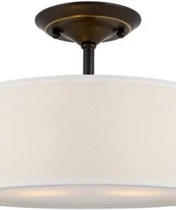 13″ 2-Light Semi-Flush Mount Ceiling Light Fixture with Off-White Fabric Drum Shade, Bronze