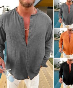 2022 men’s cotton linen solid color double wrinkled long sleeved shirt fashion loose casual comfortable shirt