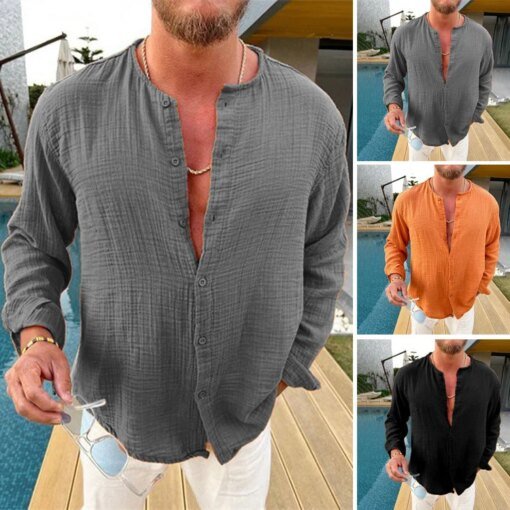 Buy 2022 men's cotton linen solid color double wrinkled long sleeved shirt fashion loose casual comfortable shirt online shopping cheap