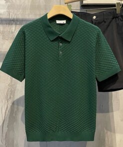 2023 New Light Luxury Casual Knit Polo Shirt Men’s Solid Color Plaid Texture Lapel Breathable Loose Leisure T-Shirt Summer