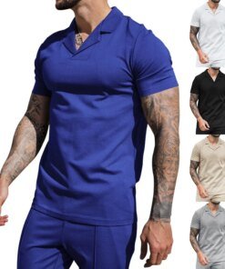 2023summer New Wafflevcollarpoloshirt Lapel Cool Short Sleeve Men’s Casual Solid Colortshirt Top