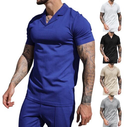 Buy 2023summer New Wafflevcollarpoloshirt Lapel Cool Short Sleeve Men's Casual Solid Colortshirt Top online shopping cheap