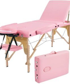 3 Section Portable Wooden Massage Table for Spa Treatments, Pink