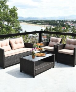 4 Pieces Patio Rattan Conversation Furniture Set with Glass Top Coffee Table Garden Outdoor Sets