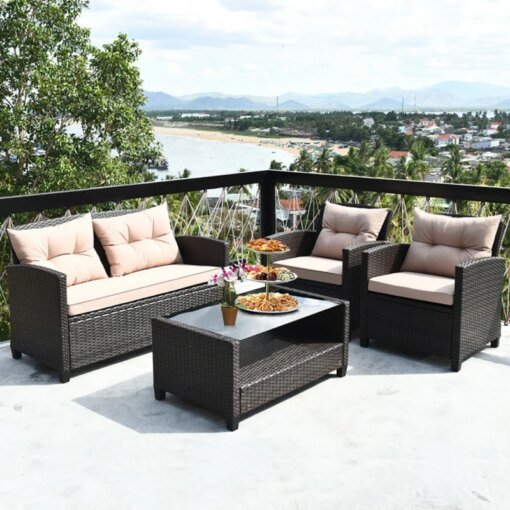 Buy 4 Pieces Patio Rattan Conversation Furniture Set with Glass Top Coffee Table Garden Outdoor Sets online shopping cheap