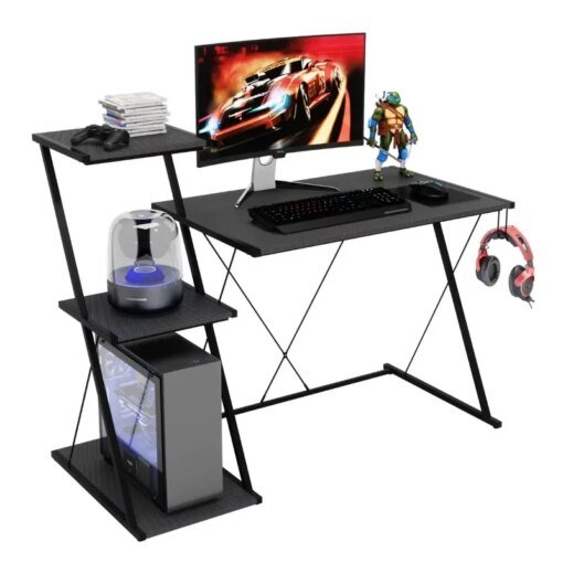 Buy 51'' Gaming Desk with 3-Tier Open Shelf Come with Headset Hook in Black online shopping cheap