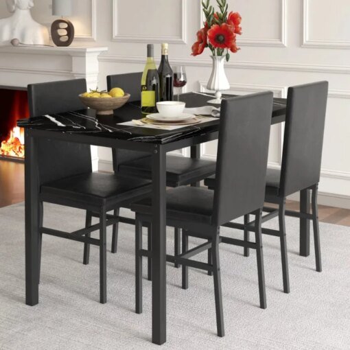 Buy 5Piece Dining Table Set Modern Faux MarbleTabletop and4PU Leather Upholstered Chairs Rectangle Kitchen Table and Chairs 4Persons online shopping cheap