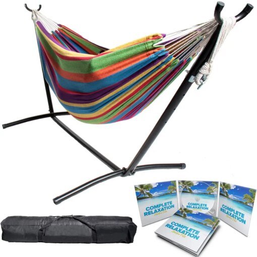 Buy 9ft Double Hammock Combo with Carry Bag and Stand - Caribbean Rainbow Pattern online shopping cheap