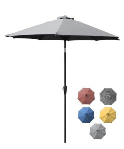 9ft Outdoor Aluminum Patio Umbrella, Round Market Umbrella with Push Button Tilt and Crank for Shade, Grey