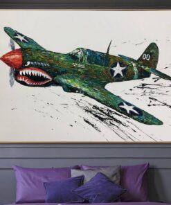 Abstract Airplane Paintings On Canvas Nursery Room Decor Impasto Oil Aviation Painting for Kids Room Curtiss P-40 Warhawk Wall Art | CARTOON PLANE