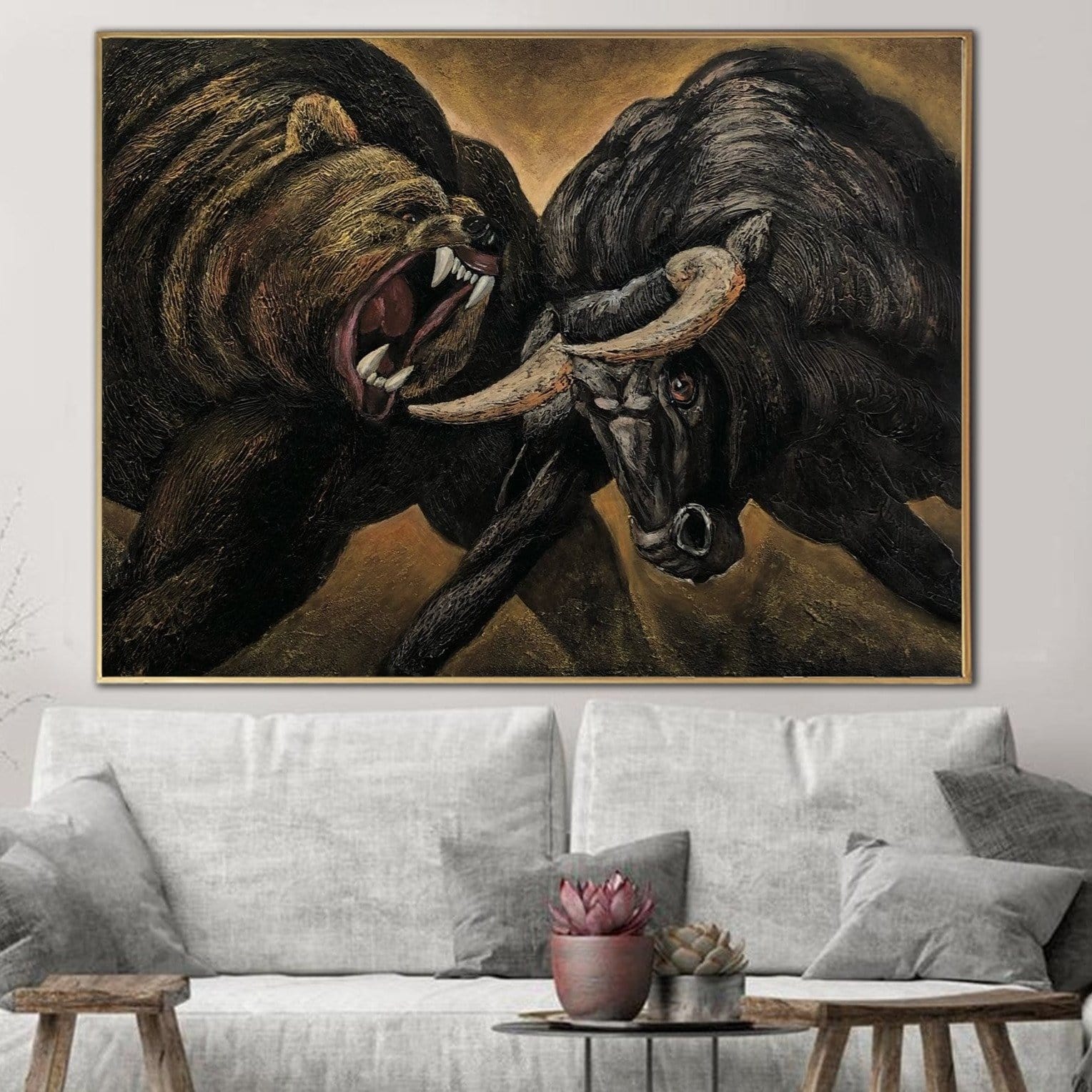 Buy Abstract Animal Painting Canvas Bear and Bull Wall Art Stock Market Artwork Financial Painting Realistic Animal Art for Office Decor | BATTLE online shopping cheap