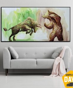 Abstract Bear vs Bull Painting on Canvas Colorful Animals Original Impasto Artwork for Office Decor | RAISED RISKS 36"x72"