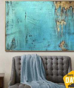 Abstract Blue Oil Painting Original Gold Leaf Artwork Rust Style Textured Handmade Wall Art Colorful Painting for Home Decor | ACE 40"x60"