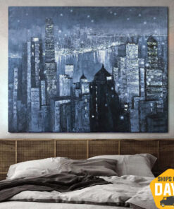 Abstract Blue Paintings On Canvas Original City Painting Support Ukraine Oil Handmade Painting | WHAT THE NIGHT HIDES 31.5"x47"