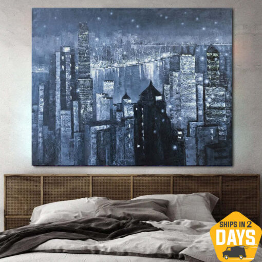 Buy Abstract Blue Paintings On Canvas Original City Painting Support Ukraine Oil Handmade Painting | WHAT THE NIGHT HIDES 31.5"x47" online shopping cheap