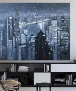 Abstract Blue Paintings On Canvas Original City Painting Support Ukraine Oil Handmade Painting | WHAT THE NIGHT HIDES