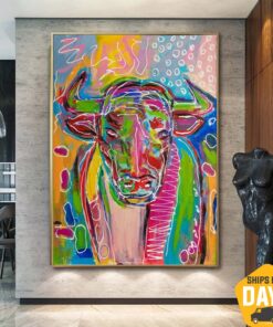 Abstract Bull Paintings On Canvas Abstract Colorful Wall Art Handmade Textured Oil Painting Gift For Child Room Decor | BULL IN INVERSION 35.43“x25.59"