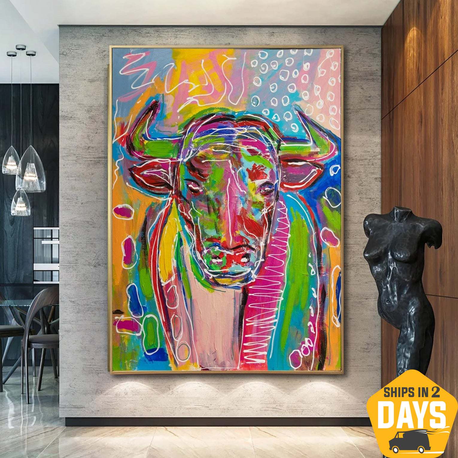 Buy Abstract Bull Paintings On Canvas Abstract Colorful Wall Art Handmade Textured Oil Painting Gift For Child Room Decor | BULL IN INVERSION 35.43“x25.59" online shopping cheap