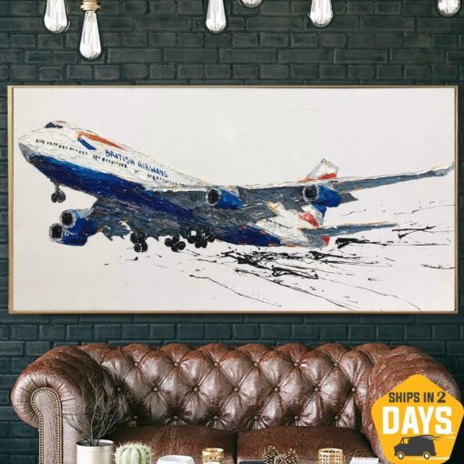 Buy Abstract Colorful Airbus Paintings On Canvas Impasto Aviation Painting Modern British Aviation Company Art | AIRCRAFT 23"x46" online shopping cheap