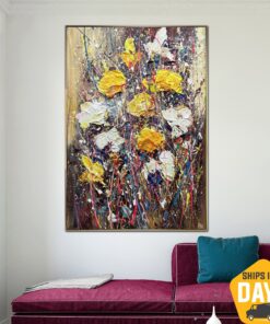 Abstract Colorful Flowers Painting on Canvas Textured Bouquet Modern Artwork for Room Decor | FLOWER RAIN 36"x24"