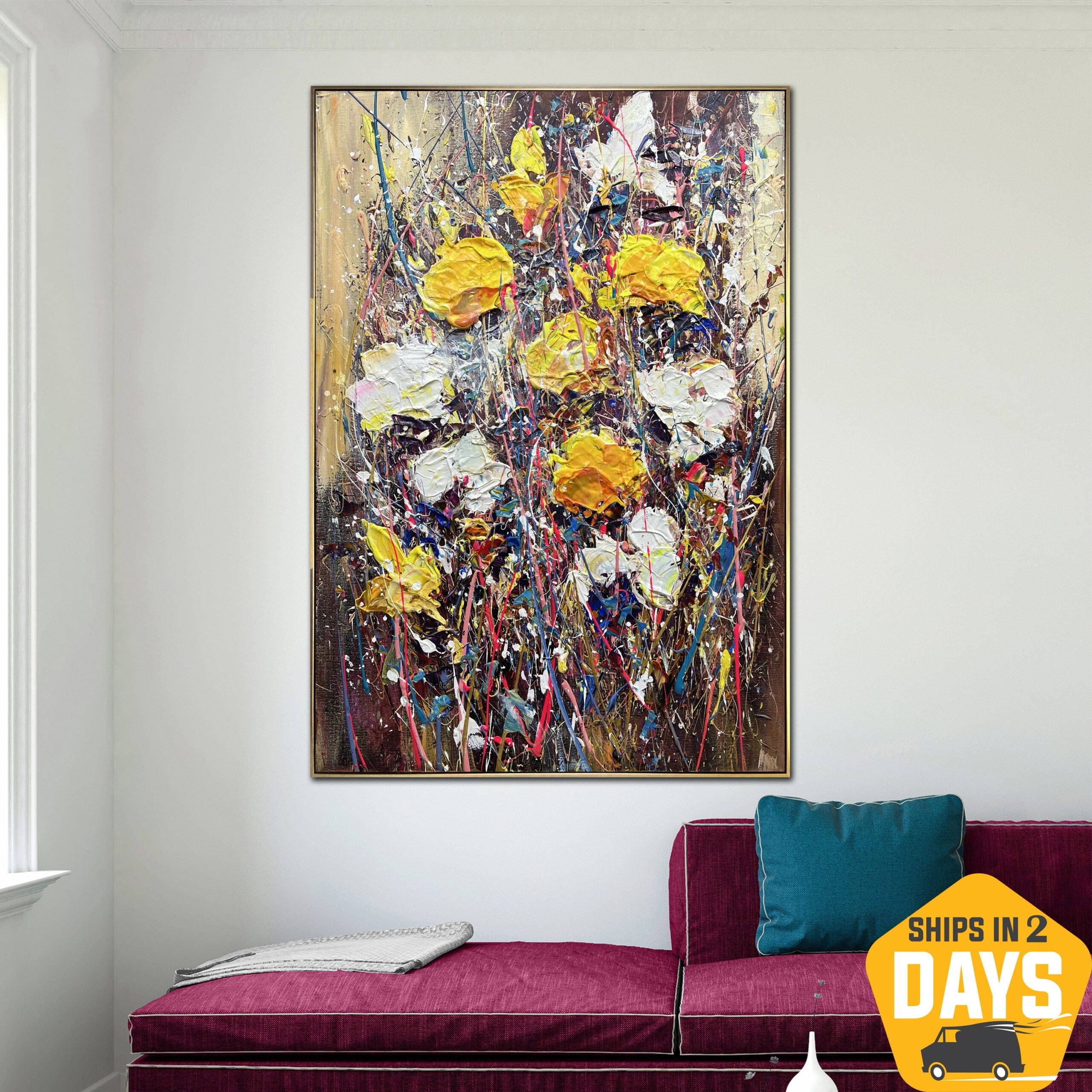 Buy Abstract Colorful Flowers Painting on Canvas Textured Bouquet Modern Artwork for Room Decor | FLOWER RAIN 36"x24" online shopping cheap
