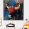 Abstract Cow Head Paintings On Canvas Colorful Expressionist Art In Blue, Red And Red Colors Textured Bull Artwork | RED COW 40"x40"