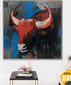 Abstract Cow Head Paintings On Canvas Colorful Expressionist Art In Blue, Red And Red Colors Textured Bull Artwork | RED COW 40"x40"