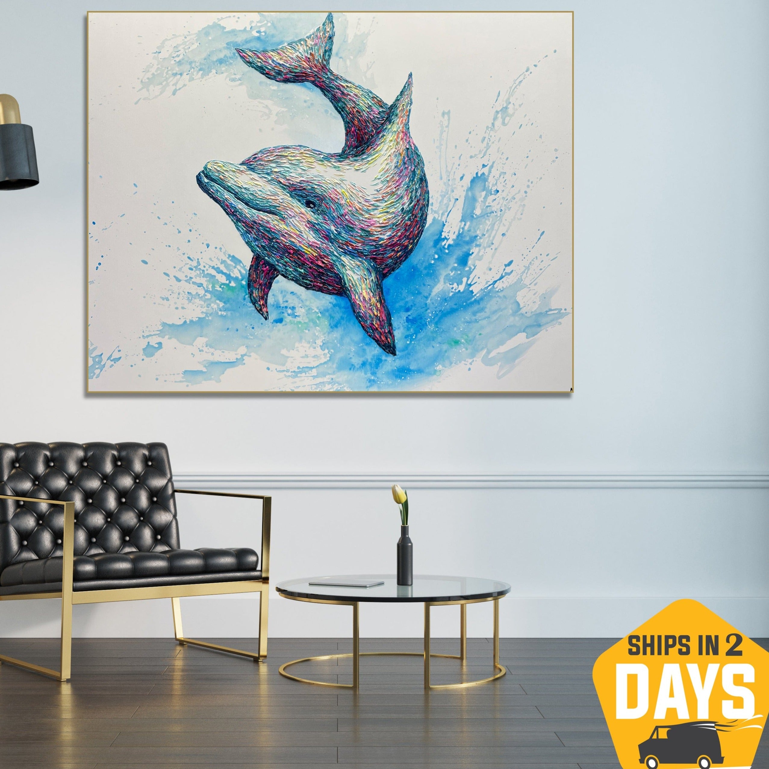 Buy Abstract Dolphin Oil Painting Colorful Artwork Underwater Animal Wall Art Decor for Bedroom | DOLPHIN BERNIE 40"x50" online shopping cheap