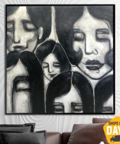 Abstract Faces Paintings On Canvas Original Modern Fine Art Black And White Painting Fashion Wall Art | WOMEN’S SECRETS 72"x72"