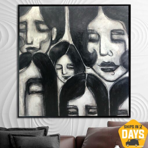 Buy Abstract Faces Paintings On Canvas Original Modern Fine Art Black And White Painting Fashion Wall Art | WOMEN'S SECRETS 72"x72" online shopping cheap