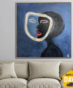 Abstract Female Face Original Painting on Canvas Creative Woman Face Colorful Dark Blue Artwork for Room Decor | SPLIT 60"x60"