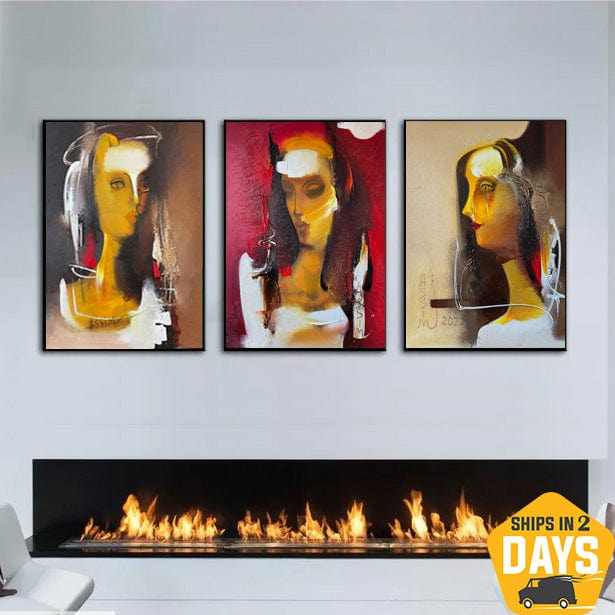 Buy Abstract Female Portrait Set Of 3 Paintings On Canvas Colorful Women Oil Painting for Living Room Decor | MOIRAI 3P 31.4"x71" online shopping cheap