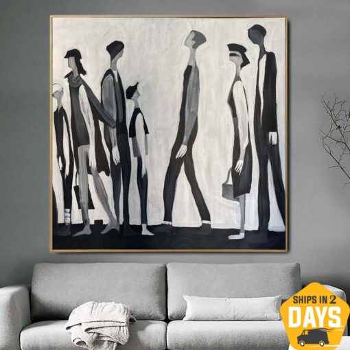 Buy Abstract Figurative Paintings On Canvas Original Humans Painting Black And White Minimalist Painting Wall Decor | QUEUE 46"x46" online shopping cheap
