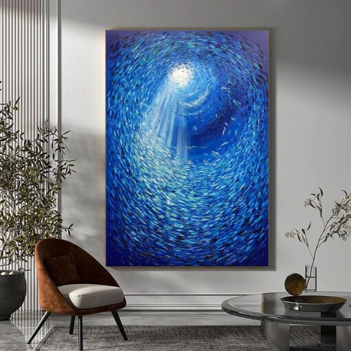 Buy Abstract Fish Painting On Canvas Original Marine Artwork Blue Textured Wall Art for Office Decor | FISH WHIRLPOOL online shopping cheap