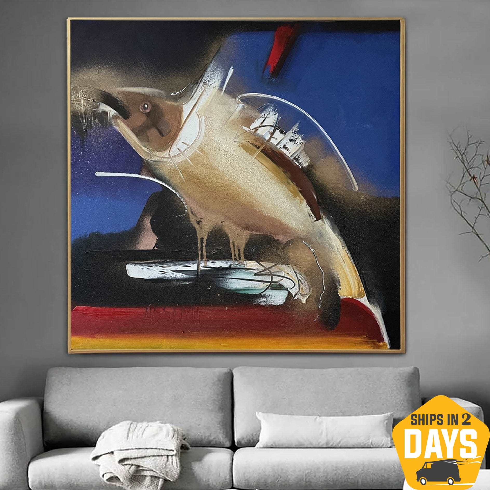 Buy Abstract Fish Paintings On Canvas Modern Blue Expressionist Artwork Original Textured Wall Decor | FISH 23.6"x23.6" online shopping cheap