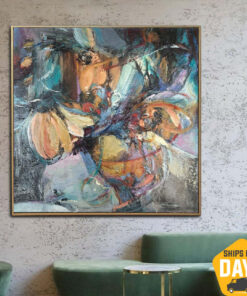 Abstract Flowers Paintings on Canvas Orange Wall Art Contemporary Art Textured Oil Painting for Modern Living Room | FLORAL SOLUTION 19.68"x19.68"