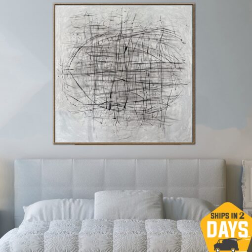 Buy Abstract Geometric Painting on Canvas Original Black And White Wall Art Modern Artwork for Living Room | ROTATION 50"x50" online shopping cheap
