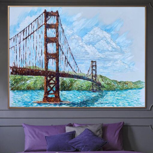 Buy Abstract Golden Gate Bridge Paintings On Canvas Modern Cityscape Art Suspension Bridge Painting Original Textured Artwork | GOLDEN GATE BRIDGE online shopping cheap
