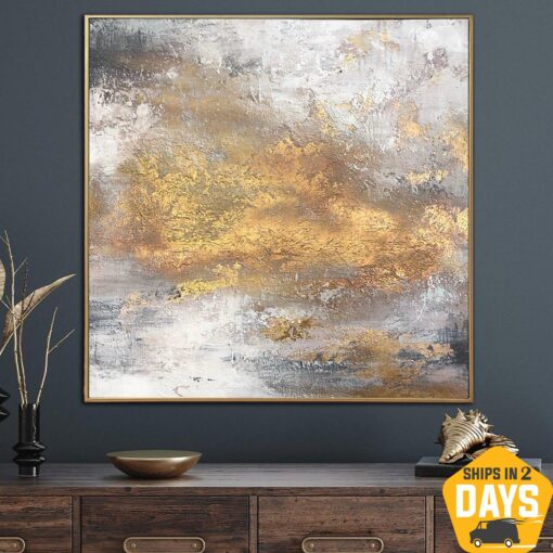 Buy Abstract Gray Paintings On Canvas with Gold Leaf Texture Art Luxury Painting Modern Hand Painted Artwork | BRIGHT LIGHT 32"x32" online shopping cheap