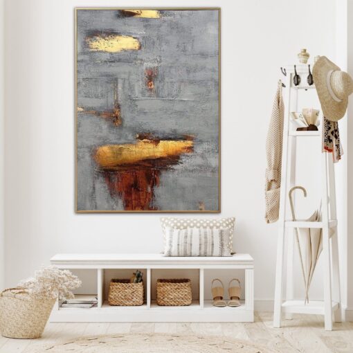 Buy Abstract Grey Painting on Canvas Gold Leaf Wall Art Minimalist Artwork Customized Painting in Size 40x30 Art | FOOTPRINTS IN THE SNOW online shopping cheap