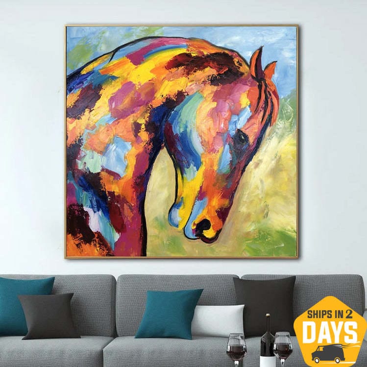 Buy Abstract Horse Paintings On Canvas Colorful Textured Painting Animal Modern Painting Creative Wall Decor | RAINBOW HORSE 32"x32" online shopping cheap