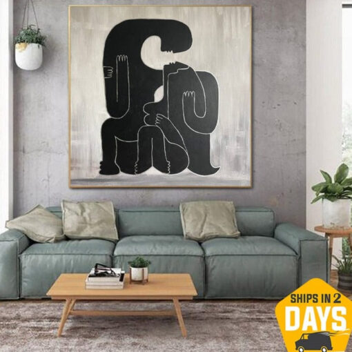 Buy Abstract Human Painting On Canvas Creative Black And White Painting Artwork Oil Painting Art for Living Room Decor | LOVE FOREVER 53"x53" online shopping cheap