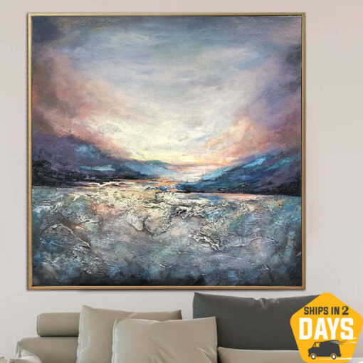 Buy Abstract Landscape Painting on Canvas Large Mountains Wall Art Sunset Artwork Modern Oil Painting Staircase Wall Decor | OCEANIC WAVES 27.55"x27.55" online shopping cheap