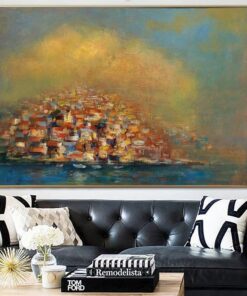 Abstract Landscape Painting on Canvas Modern Blue Wall Art Original Coastal Artwork Seascape Painting for Lake House Decor | COASTAL TOWN