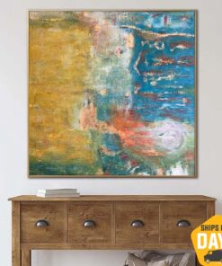 Abstract Painting Colorful Paintings On Canvas Blue and Gold Wall Art Gold Leaf Art Textured Painting | TROPICAL BEACH 32"x32"