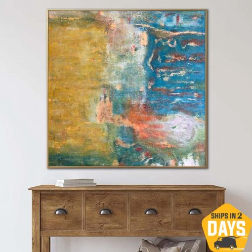 Buy Abstract Painting Colorful Paintings On Canvas Blue and Gold Wall Art Gold Leaf Art Textured Painting | TROPICAL BEACH 32"x32" online shopping cheap