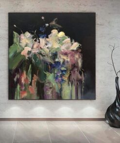 Abstract Painting on Canvas Colorful Wall Art Black Canvas Green Wall Art Beige Painting Original Oil Painting for Living Room Decor | SPRING FLOWERS